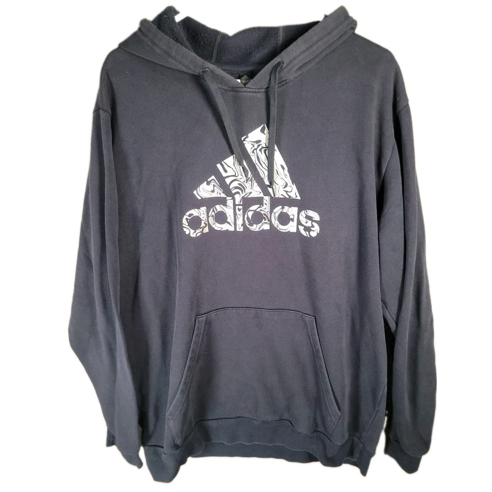 adidas Hoodie Mens XL Navy Blue Metallic Silver Marble Foil Logo Sweatshirt